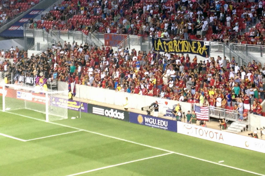 A banner in the south end of Rio Tinto Stadium reads "La Mormonera," a play on "La Bombonera," a famous soccer stadium in Argentina, and Salt Lake's Mormon roots. (Photo: Liviu Bird/SoccerWire.com)