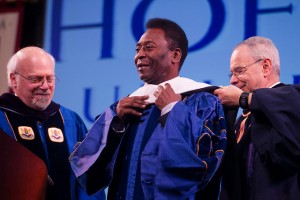 Pele receives his honorary degree from Hofstra. Photo by Zack Lane/Hofstra University.