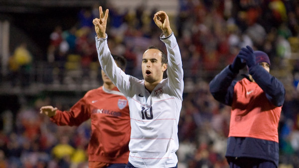 Landon Donovan signals 2-0 to USA fans after the match, Wed, Feb. 11, USA 2-0 over Mexico in a qualifying match for the 2010 World Cup, in Columbus, Ohio.