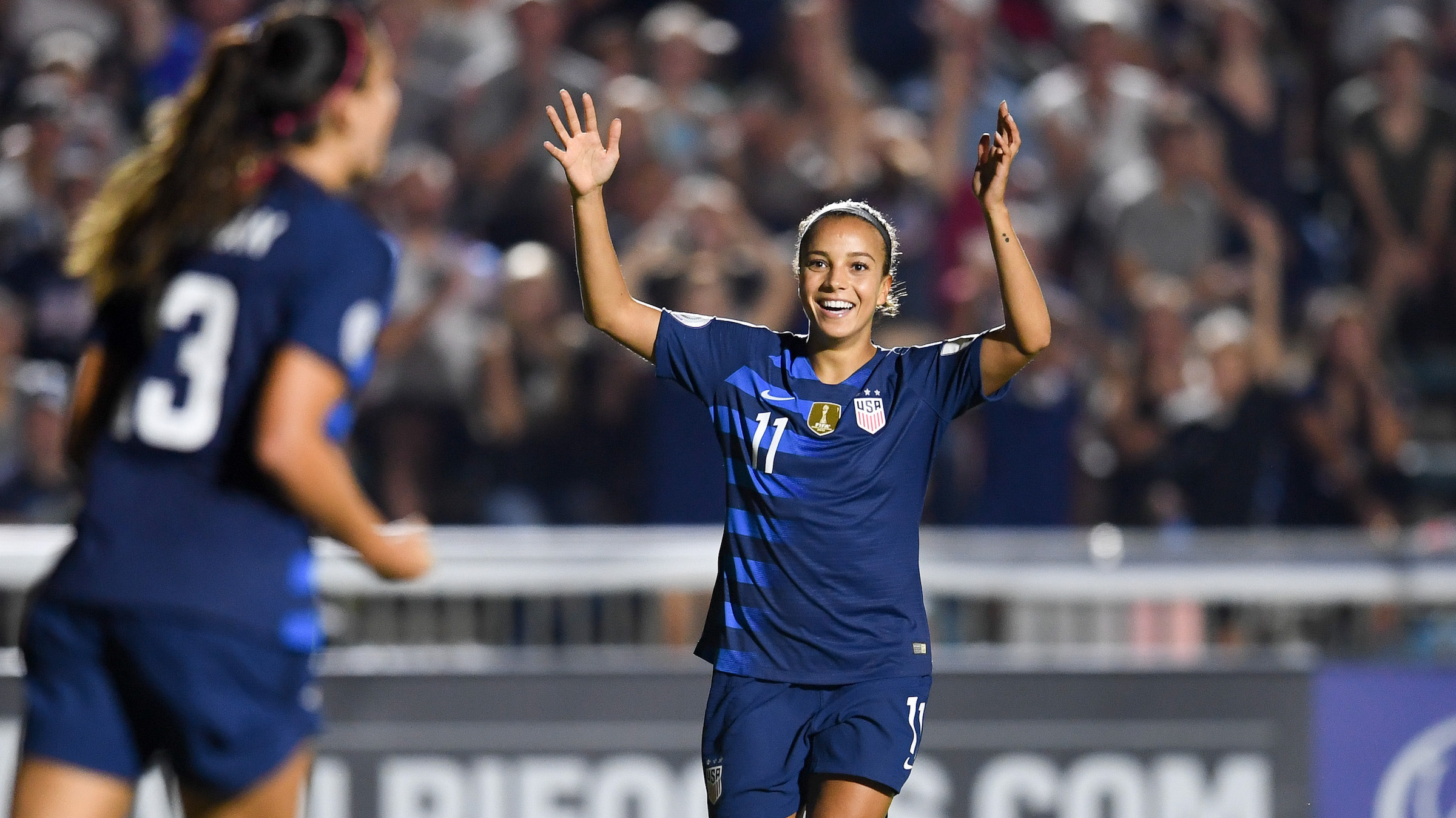 Alex Morgan, Mallory Pugh celebrate a US goal